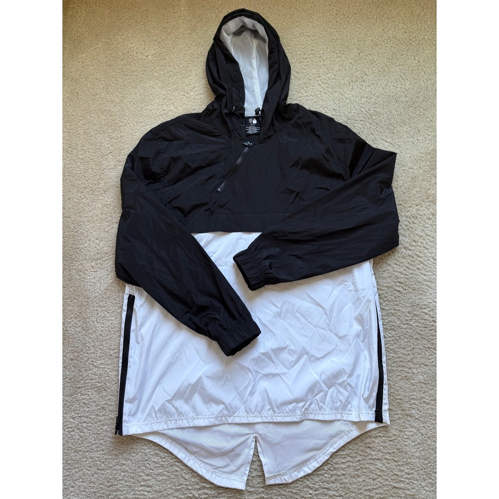 Black White Colorblock Anorak Windbreaker Jacket Mens XL Quarter Zip Hooded